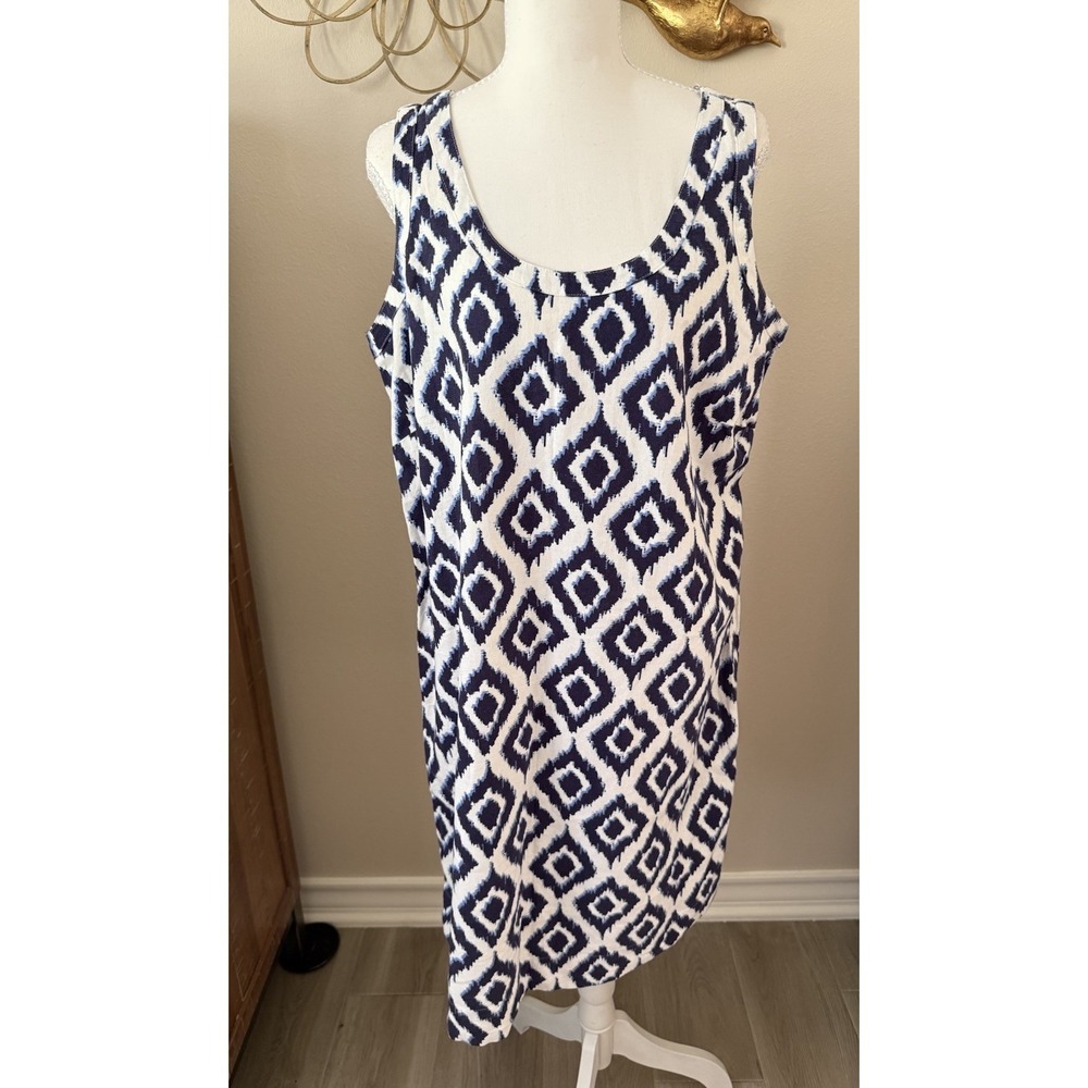 M&S Collection Linen Blend Shift Dress Blue Ivory Ikat Print Sleeveless 10